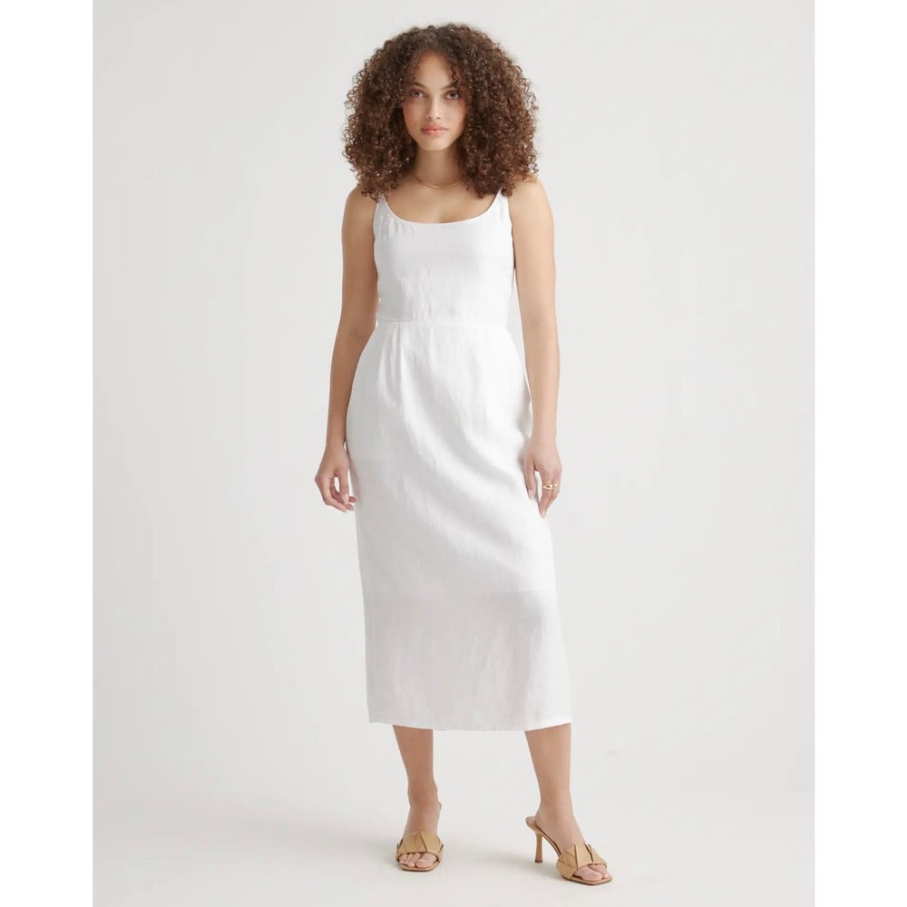 QUINCE White 100% European Linen Scoop Neck Midi Dress Size Small